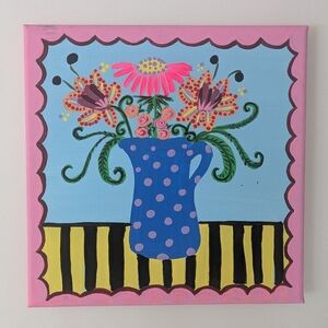 Bright Polka Dot Blue Pitcher with Pink Floral Bouquet Wall Art